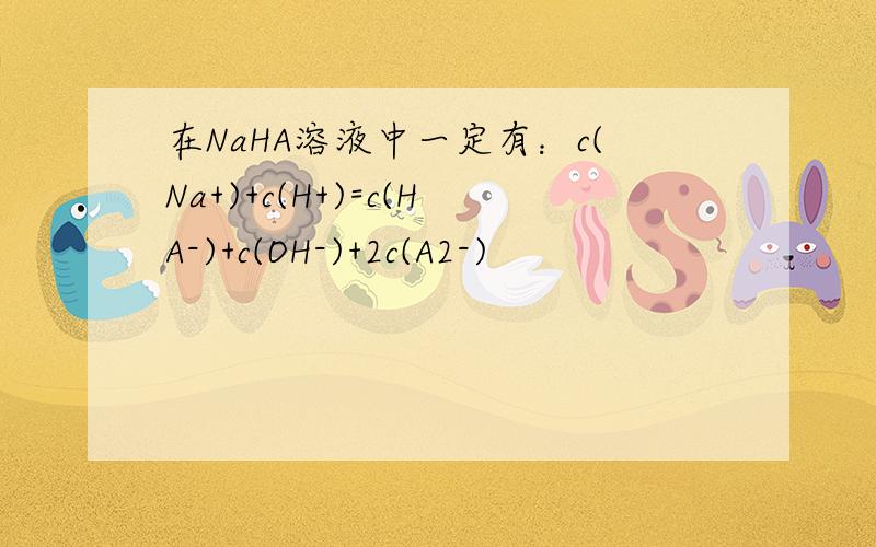在NaHA溶液中一定有：c(Na+)+c(H+)=c(HA-)+c(OH-)+2c(A2-)