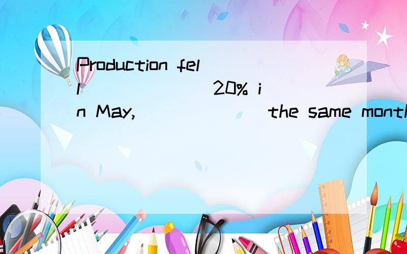 Production fell ______ 20% in May, ______ the same month of
