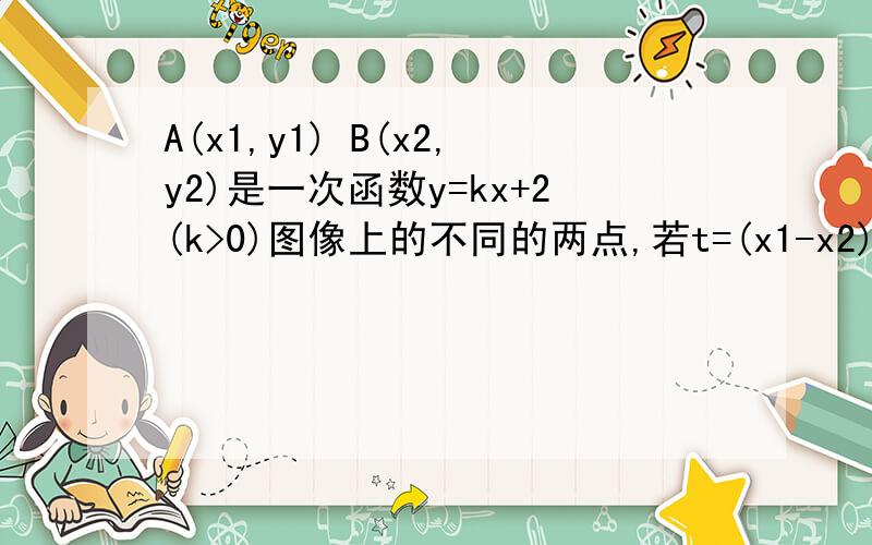 A(x1,y1) B(x2,y2)是一次函数y=kx+2(k>0)图像上的不同的两点,若t=(x1-x2)(y1-y2)