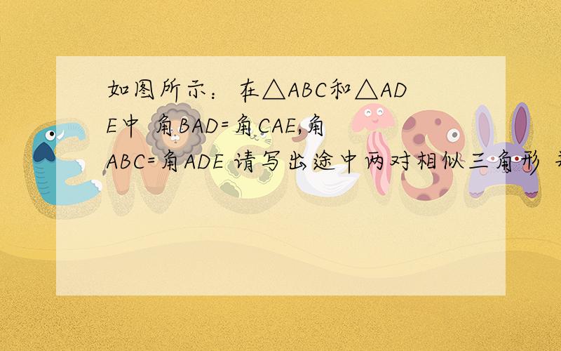 如图所示：在△ABC和△ADE中 角BAD=角CAE,角ABC=角ADE 请写出途中两对相似三角形 并给出证明