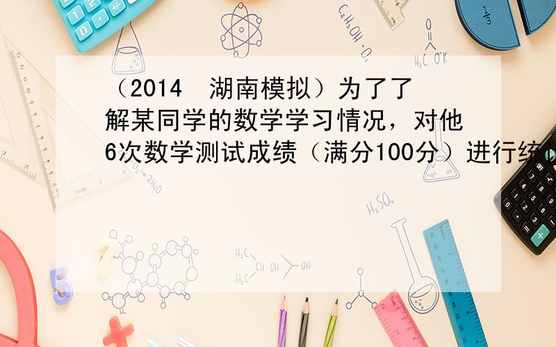 （2014•湖南模拟）为了了解某同学的数学学习情况，对他6次数学测试成绩（满分100分）进行统计，作出茎叶图如右，关于该