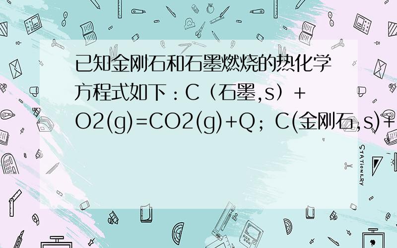 已知金刚石和石墨燃烧的热化学方程式如下：C（石墨,s）+O2(g)=CO2(g)+Q；C(金刚石,s)+O2(g)=CO