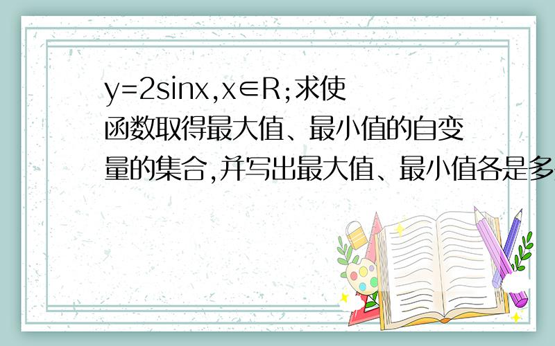 y=2sinx,x∈R;求使函数取得最大值、最小值的自变量的集合,并写出最大值、最小值各是多少.