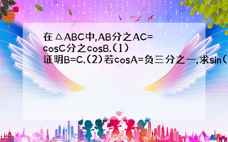 在△ABC中,AB分之AC=cosC分之cosB.(1)证明B=C.(2)若cosA=负三分之一,求sin(4B+3分之