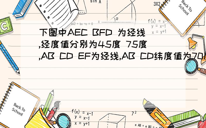 下图中AEC BFD 为经线,经度值分别为45度 75度,AB CD EF为经线,AB CD纬度值为70度,60度.