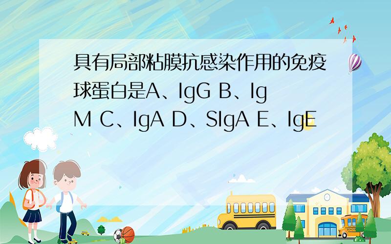 具有局部粘膜抗感染作用的免疫球蛋白是A、IgG B、IgM C、IgA D、SIgA E、IgE