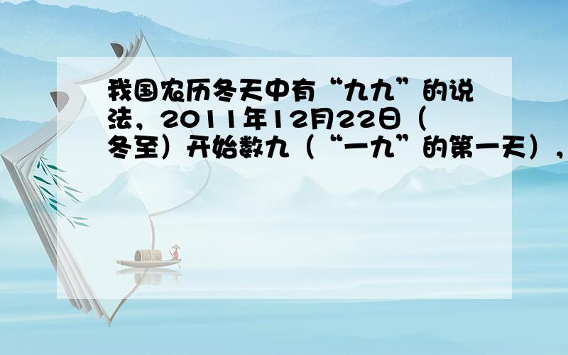 我国农历冬天中有“九九”的说法，2011年12月22日（冬至）开始数九（“一九”的第一天），那么2012年1月23日（正