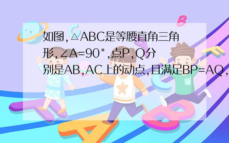 如图,△ABC是等腰直角三角形,∠A=90°,点P,Q分别是AB,AC上的动点,且满足BP=AQ,D是BC的中点.