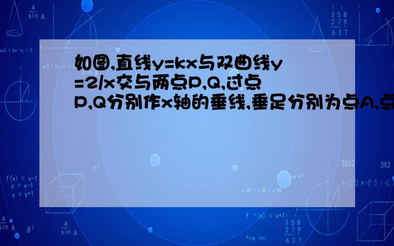 如图,直线y=kx与双曲线y=2/x交与两点P,Q,过点P,Q分别作x轴的垂线,垂足分别为点A,点B.