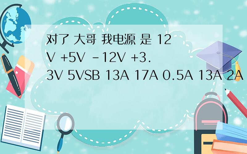 对了 大哥 我电源 是 12V +5V -12V +3.3V 5VSB 13A 17A 0.5A 13A 2A 电源盒是