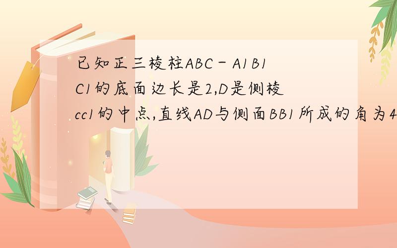 已知正三棱柱ABC－A1B1C1的底面边长是2,D是侧棱cc1的中点,直线AD与侧面BB1所成的角为45度.