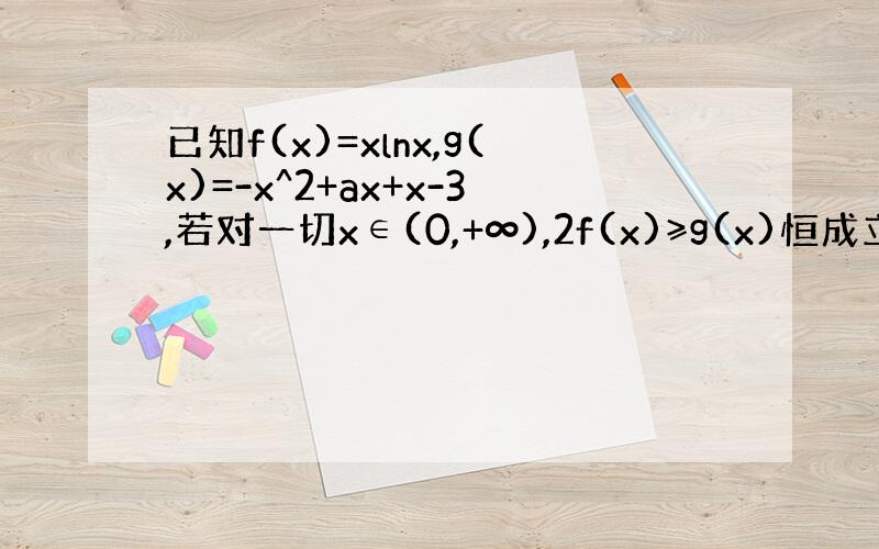 已知f(x)=xlnx,g(x)=-x^2+ax+x-3,若对一切x∈(0,+∞),2f(x)≥g(x)恒成立