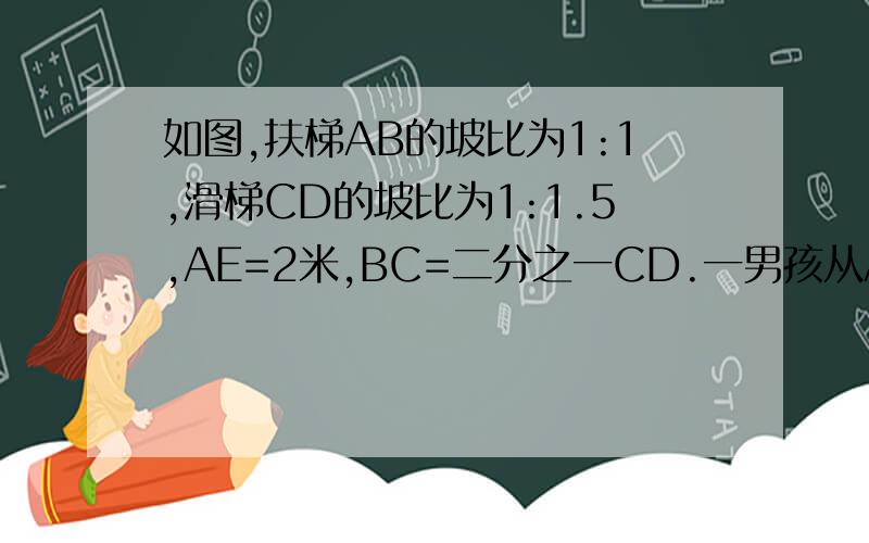 如图,扶梯AB的坡比为1:1,滑梯CD的坡比为1:1.5,AE=2米,BC=二分之一CD.一男孩从A处出发经B处到达C处