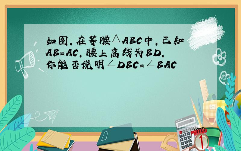 如图,在等腰△ABC中,已知AB=AC,腰上高线为BD,你能否说明∠DBC=∠BAC