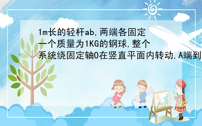 1m长的轻杆ab,两端各固定一个质量为1KG的钢球,整个系统绕固定轴O在竖直平面内转动,A端到轴的