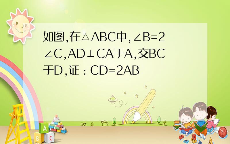 如图,在△ABC中,∠B=2∠C,AD⊥CA于A,交BC于D,证：CD=2AB